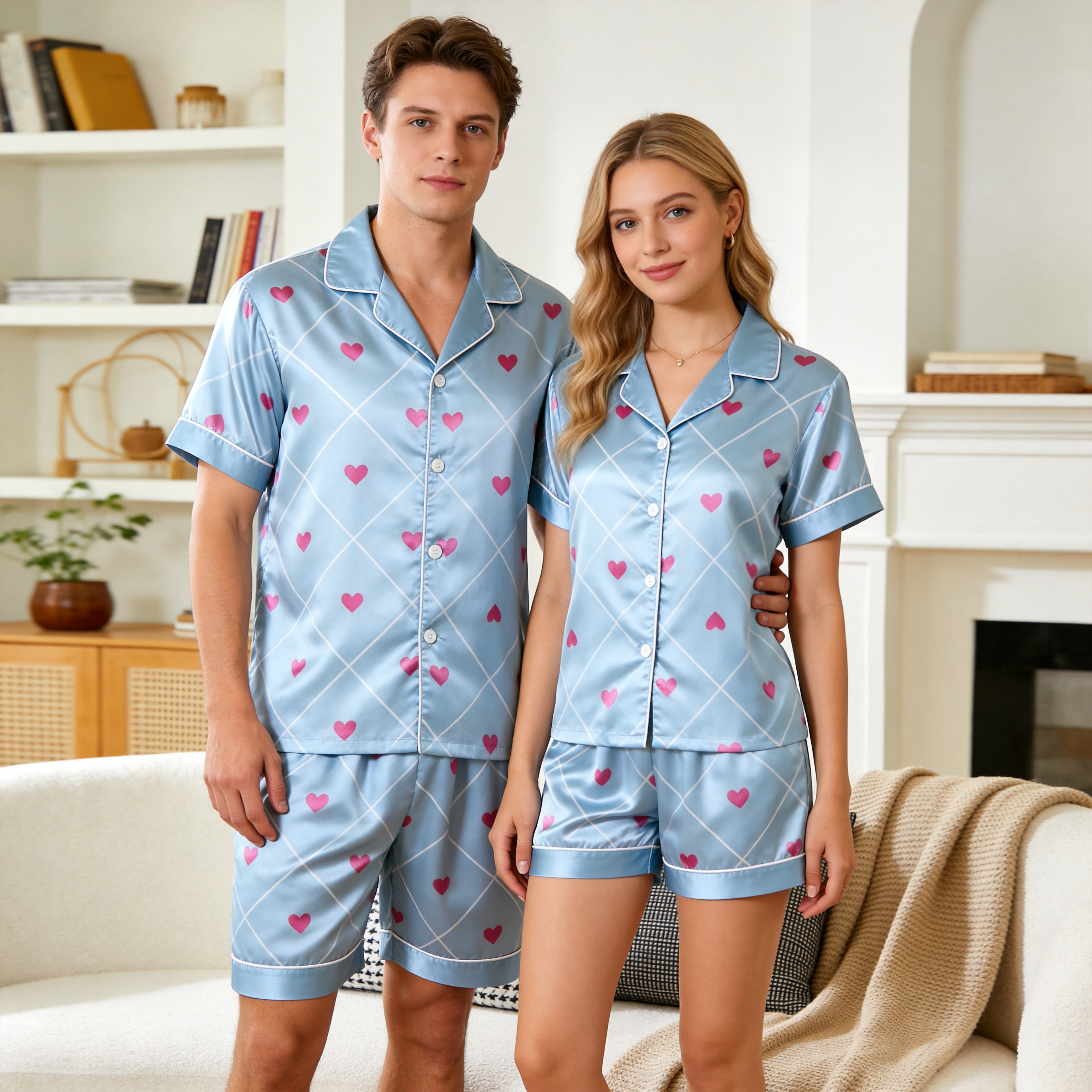 Satin Print Light Blue Pajama Set ¨C Unique Couple Sleepwear