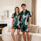 Satin Artistic Print Vintage Green Pajama Set ¨C Unique Couple Sleepwear
