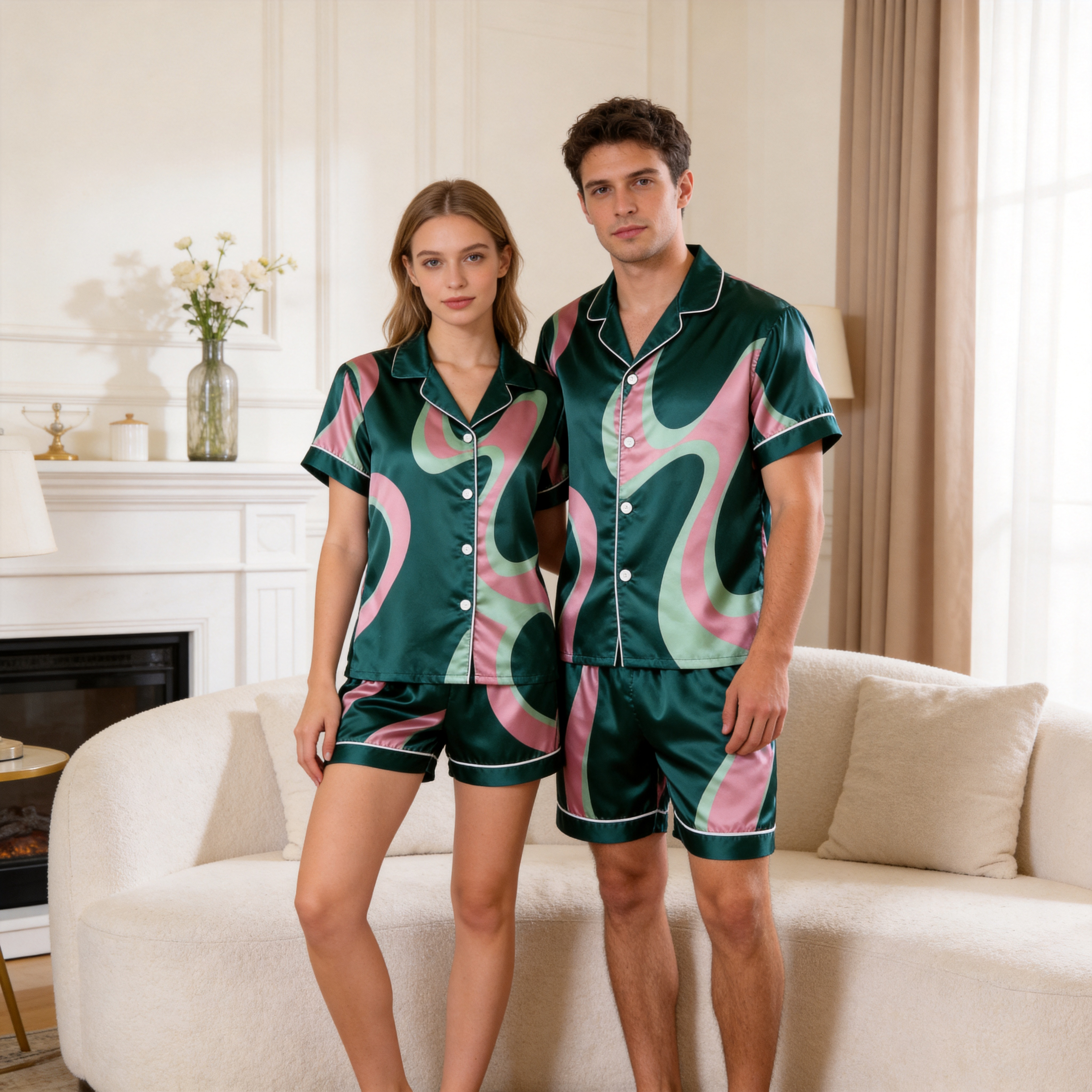 Satin Artistic Print Vintage Green Pajama Set ¨C Unique Couple Sleepwear
