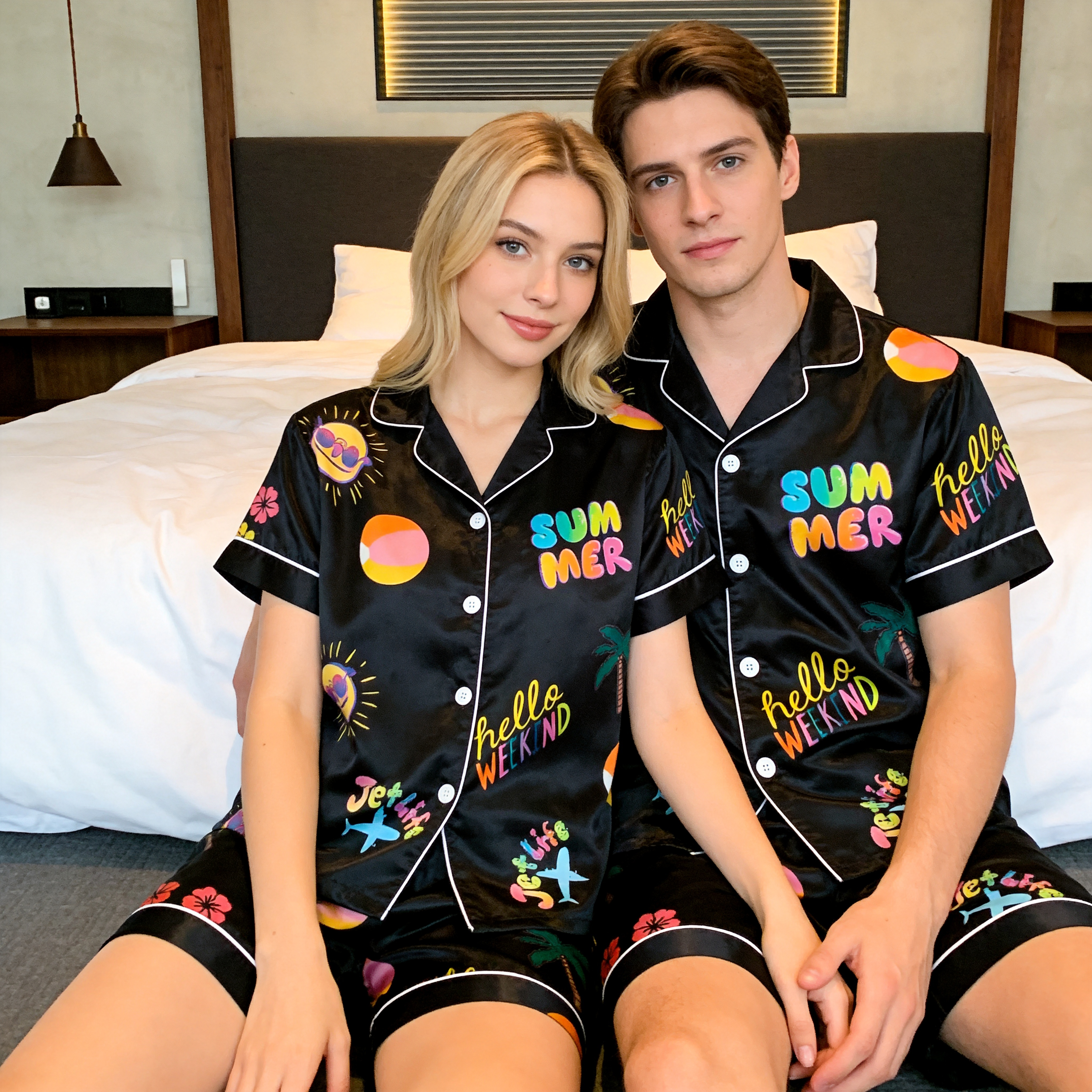 Silky Satin Summer Print Pajama Set ¨C Classic Couple Sleepwear