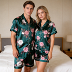 Classic Satin Flower Pattern Short Sleeve Pajamas for Her & Him