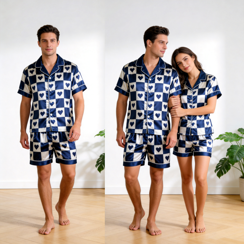 Elegant Navy Plaid Satin Sleepwear ¨C Understated Luxury Couple Set