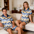 Satin Stripe Pattern Short Sleeve Couple Pajamas for Summer