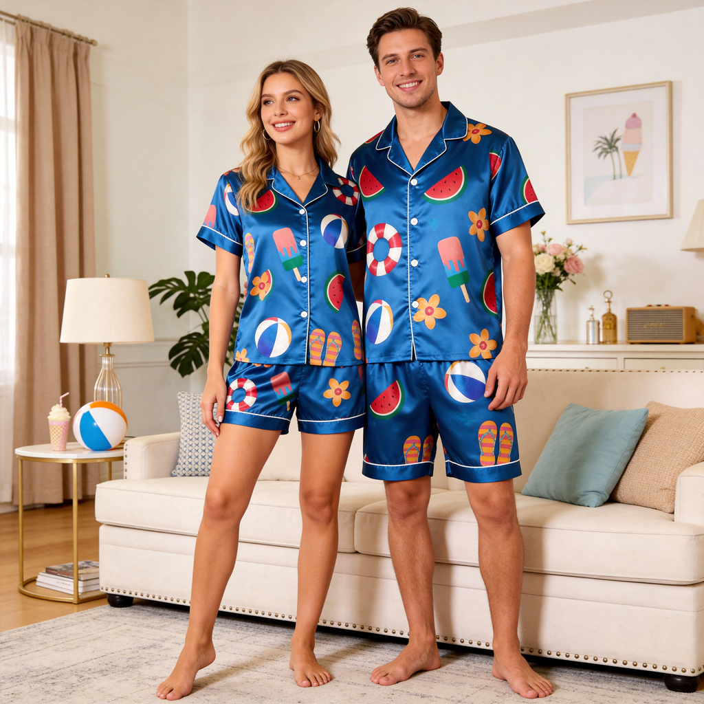Fun Print Satin Blue Solid Sleepwear ¨C Understated Luxury Couple Set