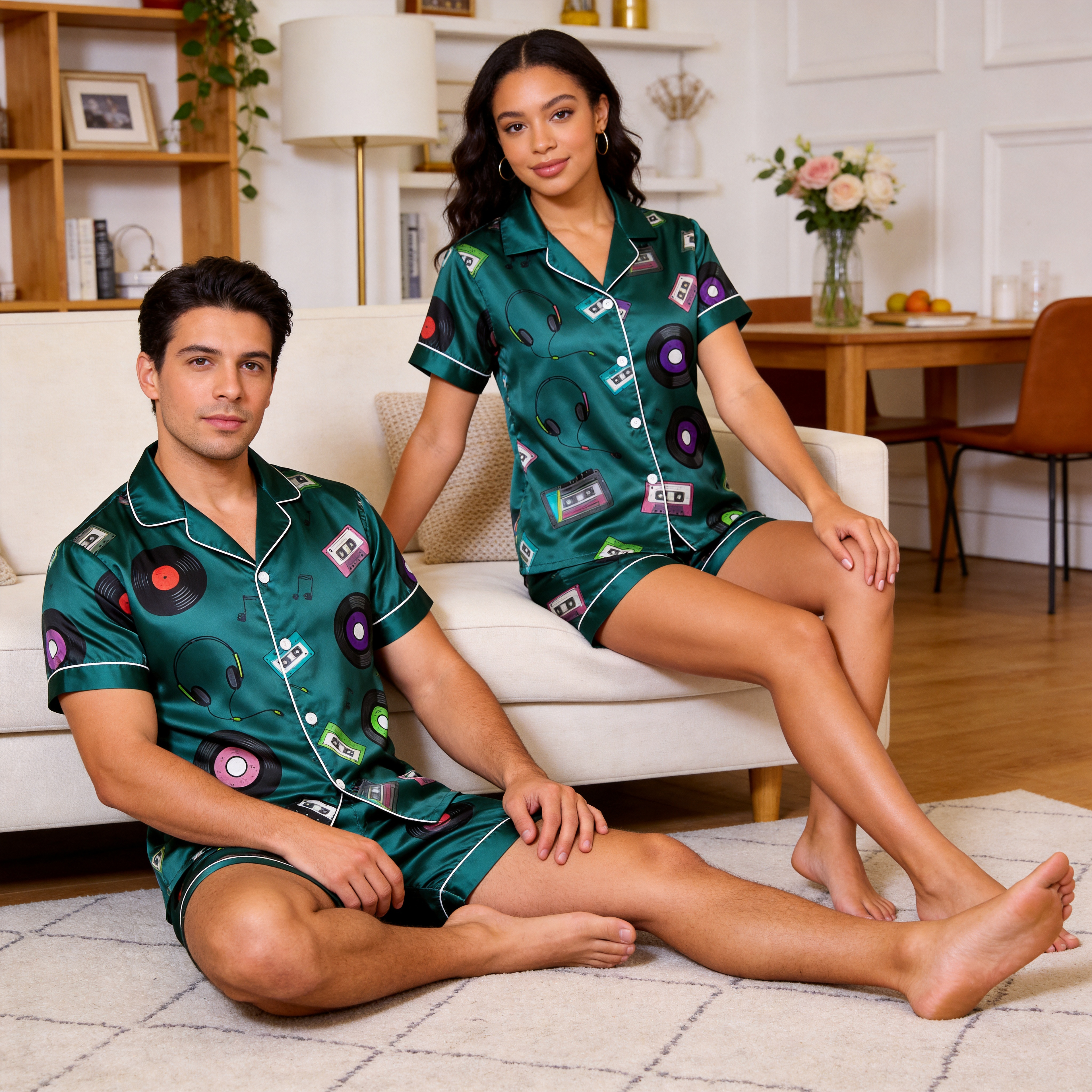 Smooth Satin Fun Design Sleepwear ¨C Casual Summer Couple Pajamas
