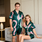 Satin Artistic Print Vintage Green Pajama Set ¨C Unique Couple Sleepwear
