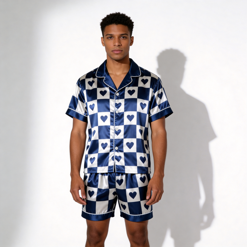 Elegant Navy Plaid Satin Sleepwear ¨C Understated Luxury Couple Set