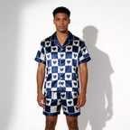 Elegant Navy Plaid Satin Sleepwear ¨C Understated Luxury Couple Set