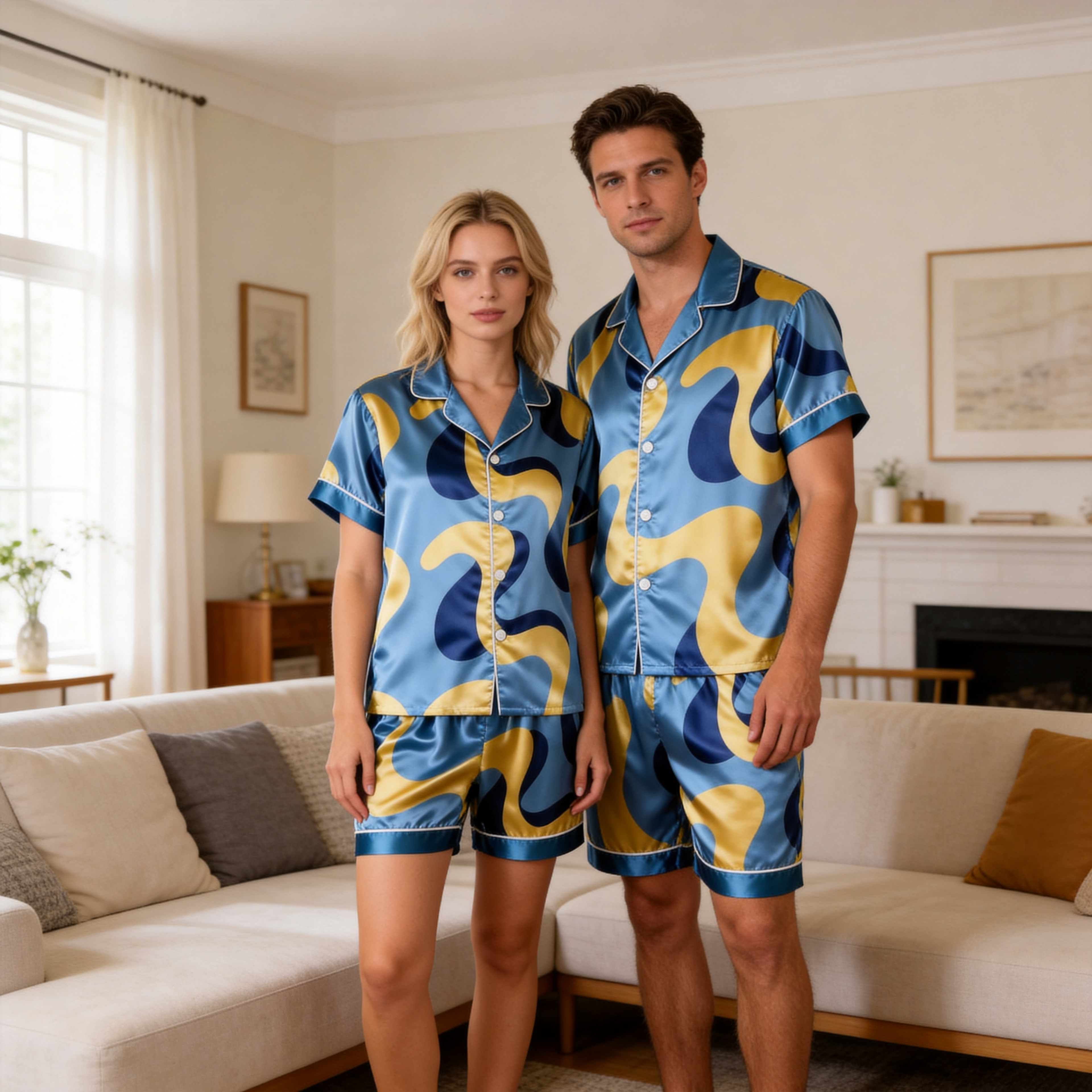 Elegant Satin Artistic Print Solid Sleepwear ¨C Understated Luxury Couple Set