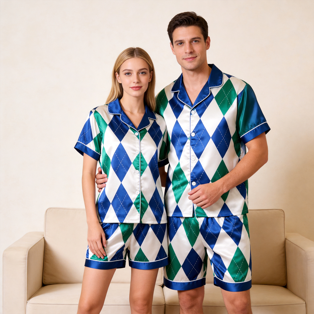 Green & Blue Plaid Design Satin Solid Sleepwear ¨C Understated Luxury Couple Set