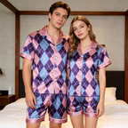 Silky Satin Plaid Print Pajama Set ¨C Classic Couple Sleepwear