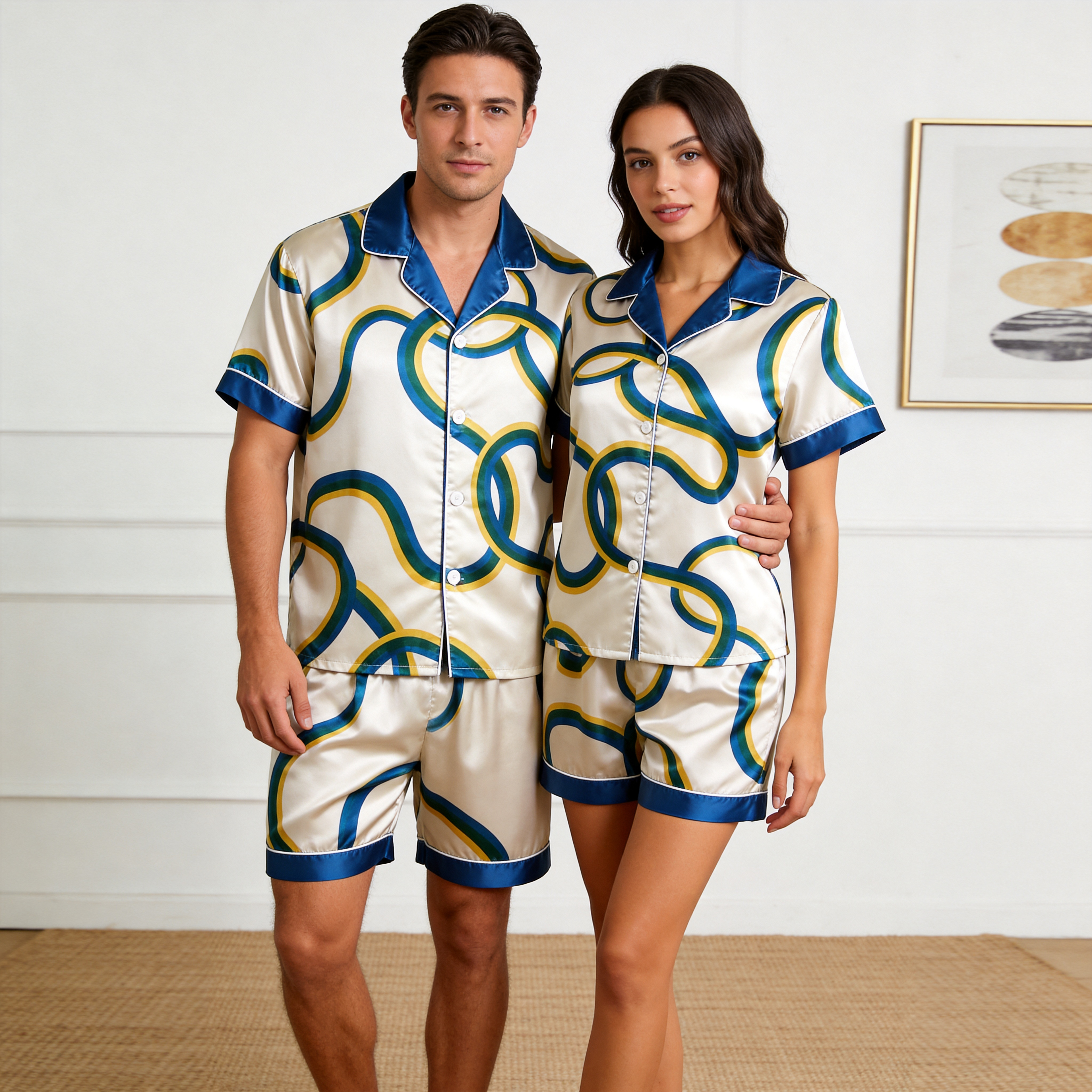 Line Art Design Satin Sleepwear ¨C Understated Luxury Couple Set