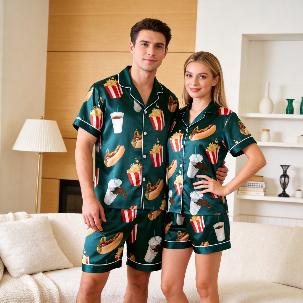 Fun Design Satin Vintage Green Sleepwear ¨C Understated Luxury Couple Set