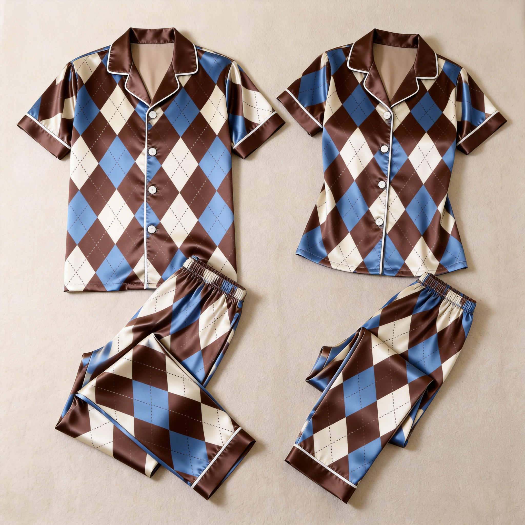 Argyle Satin Matching Pajamas for Couples – Long Sleeve Button-Down Top & Pants Sleepwear Set