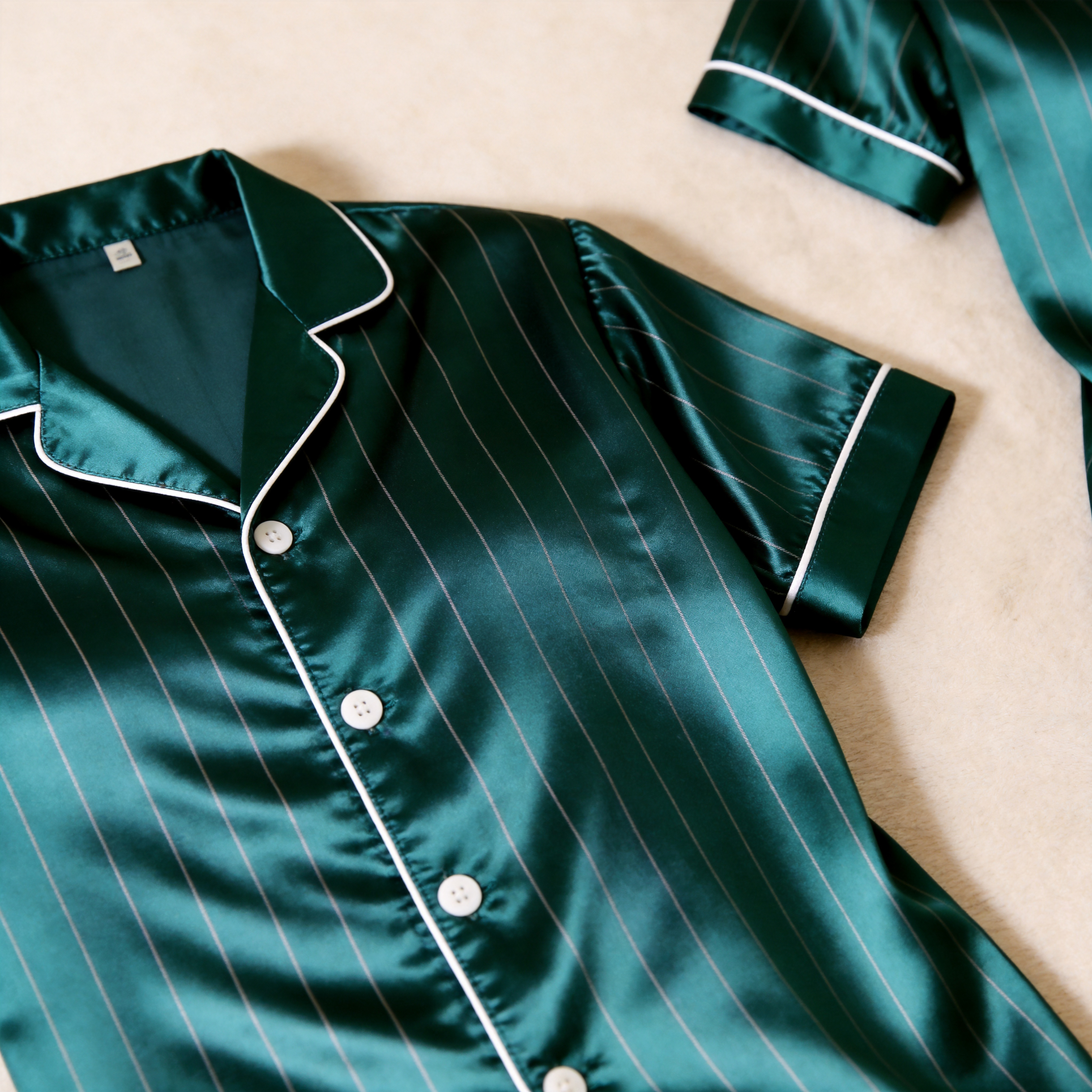 Classic Green Satin Striped Print Pajama Set ¨C Silky Couple Sleepwear