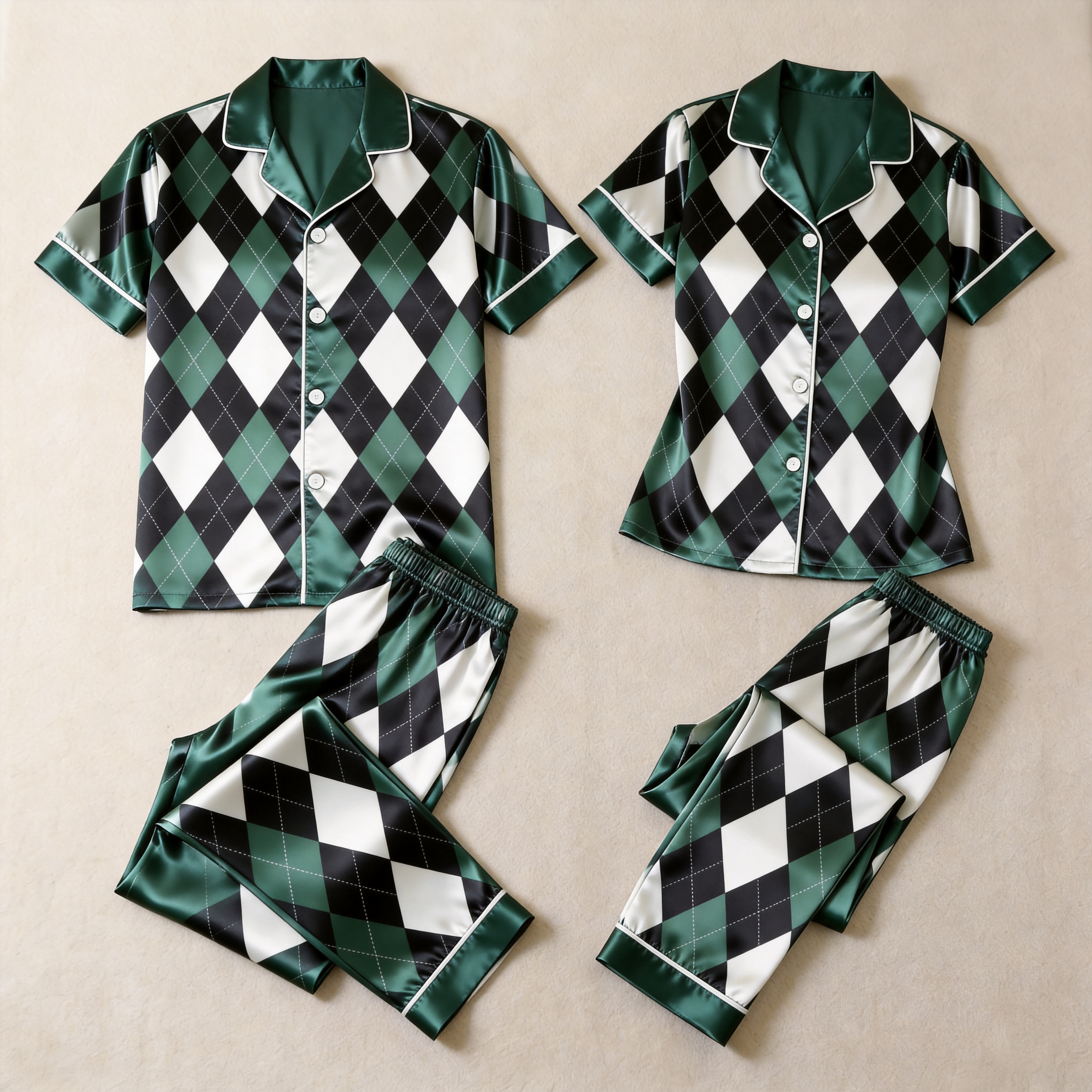 Blue Argyle Satin Matching Pajamas for Couples – Long Sleeve Button-Down Top & Pants Sleepwear Set