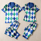 Blue Argyle Satin Matching Pajamas for Couples – Long Sleeve Button-Down Top & Pants Sleepwear Set