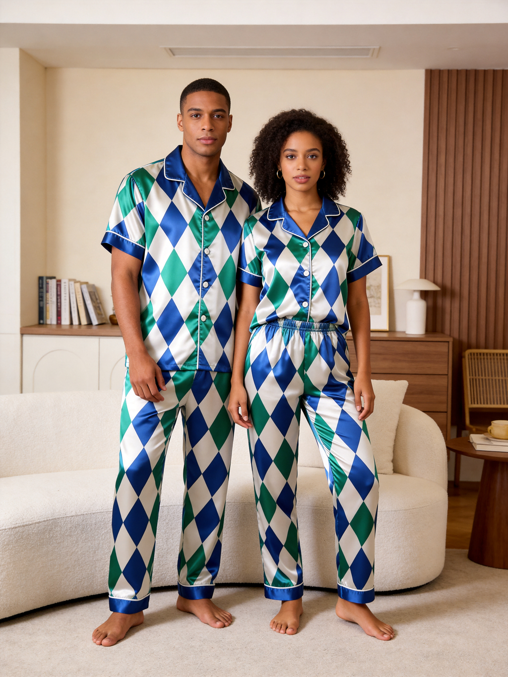 Blue Argyle Satin Matching Pajamas for Couples – Long Sleeve Button-Down Top & Pants Sleepwear Set