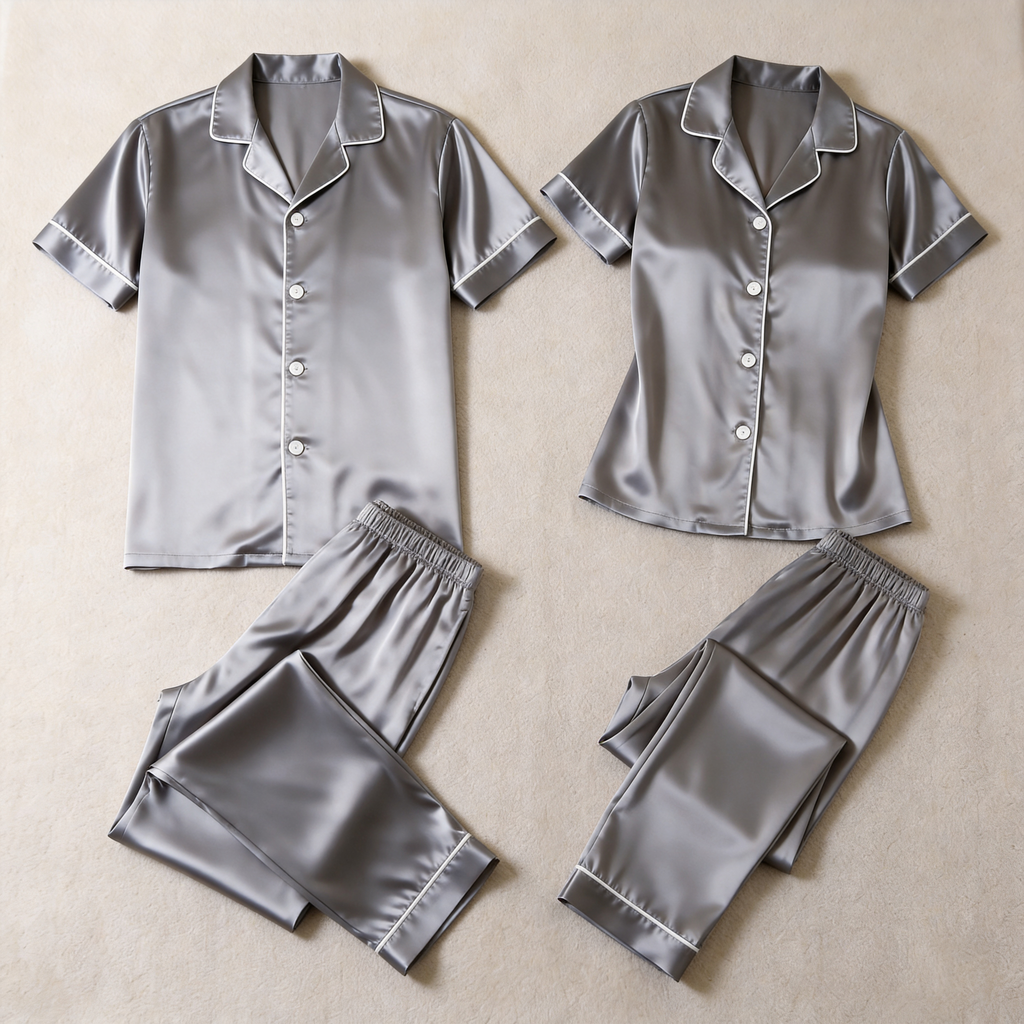 Solid Navy Satin Long Sleeve Couple Button-Down Pajamas