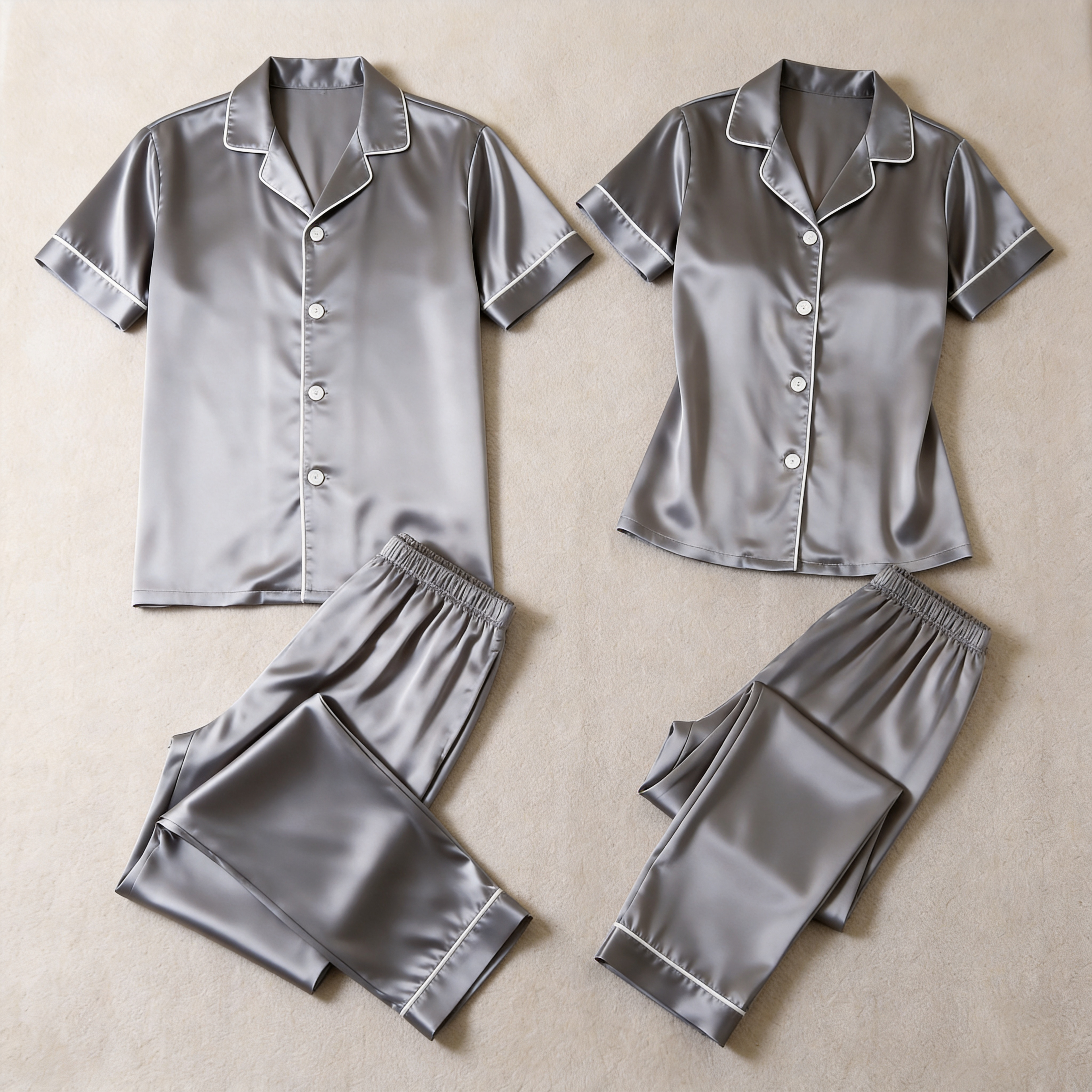 Solid Navy Satin Long Sleeve Couple Button-Down Pajamas