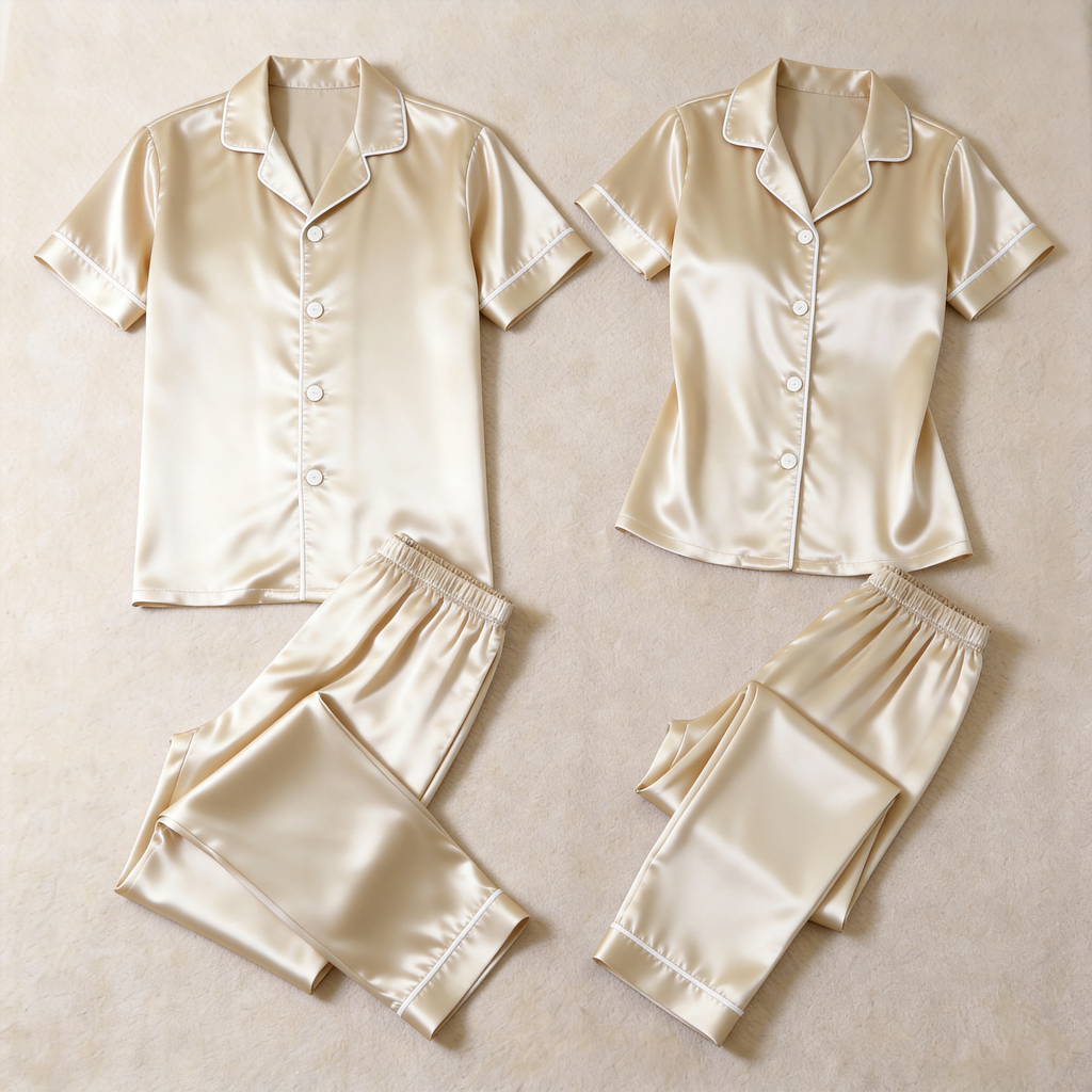 Solid Satin Long Sleeve Couple Button-Down Pajamas