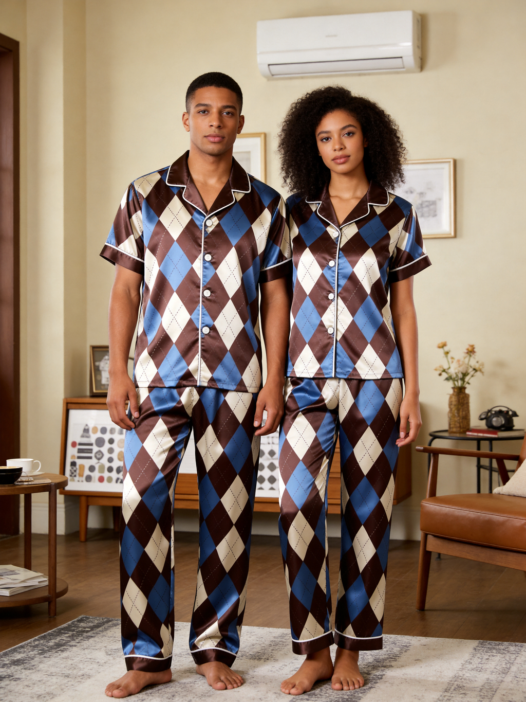 Argyle Satin Matching Pajamas for Couples – Long Sleeve Button-Down Top & Pants Sleepwear Set