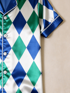 Blue Argyle Satin Matching Pajamas for Couples – Long Sleeve Button-Down Top & Pants Sleepwear Set