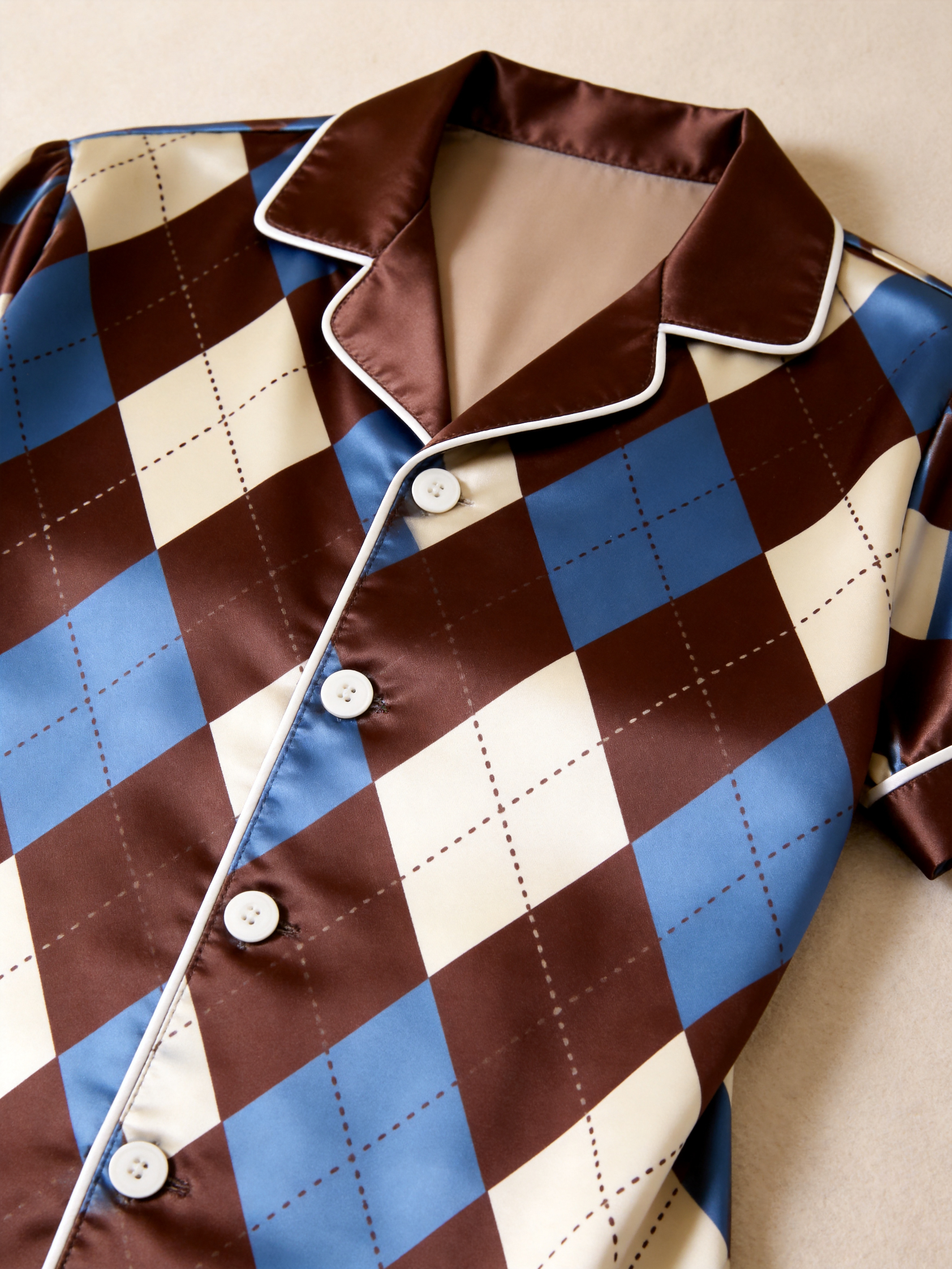 Argyle Satin Matching Pajamas for Couples – Long Sleeve Button-Down Top & Pants Sleepwear Set
