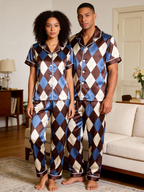 Blue Argyle Satin Matching Pajamas for Couples – Long Sleeve Button-Down Top & Pants Sleepwear Set