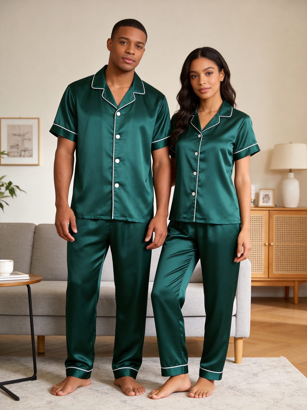Solid Chocolate Satin Long Sleeve Couple Button-Down Pajamas