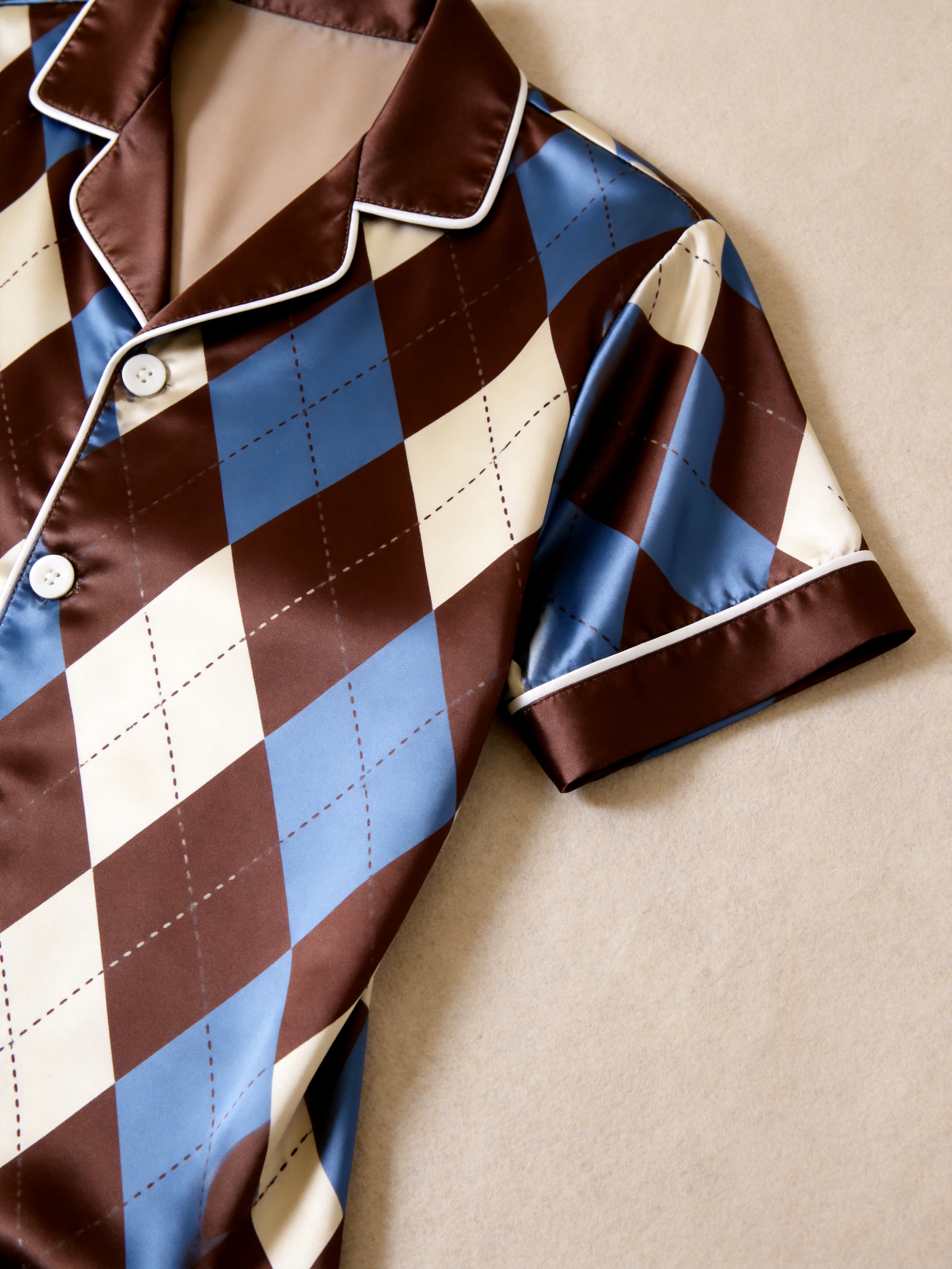 Argyle Satin Matching Pajamas for Couples – Long Sleeve Button-Down Top & Pants Sleepwear Set