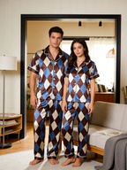 Argyle Satin Matching Pajamas for Couples – Long Sleeve Button-Down Top & Pants Sleepwear Set