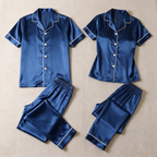 Solid Chocolate Satin Long Sleeve Couple Button-Down Pajamas