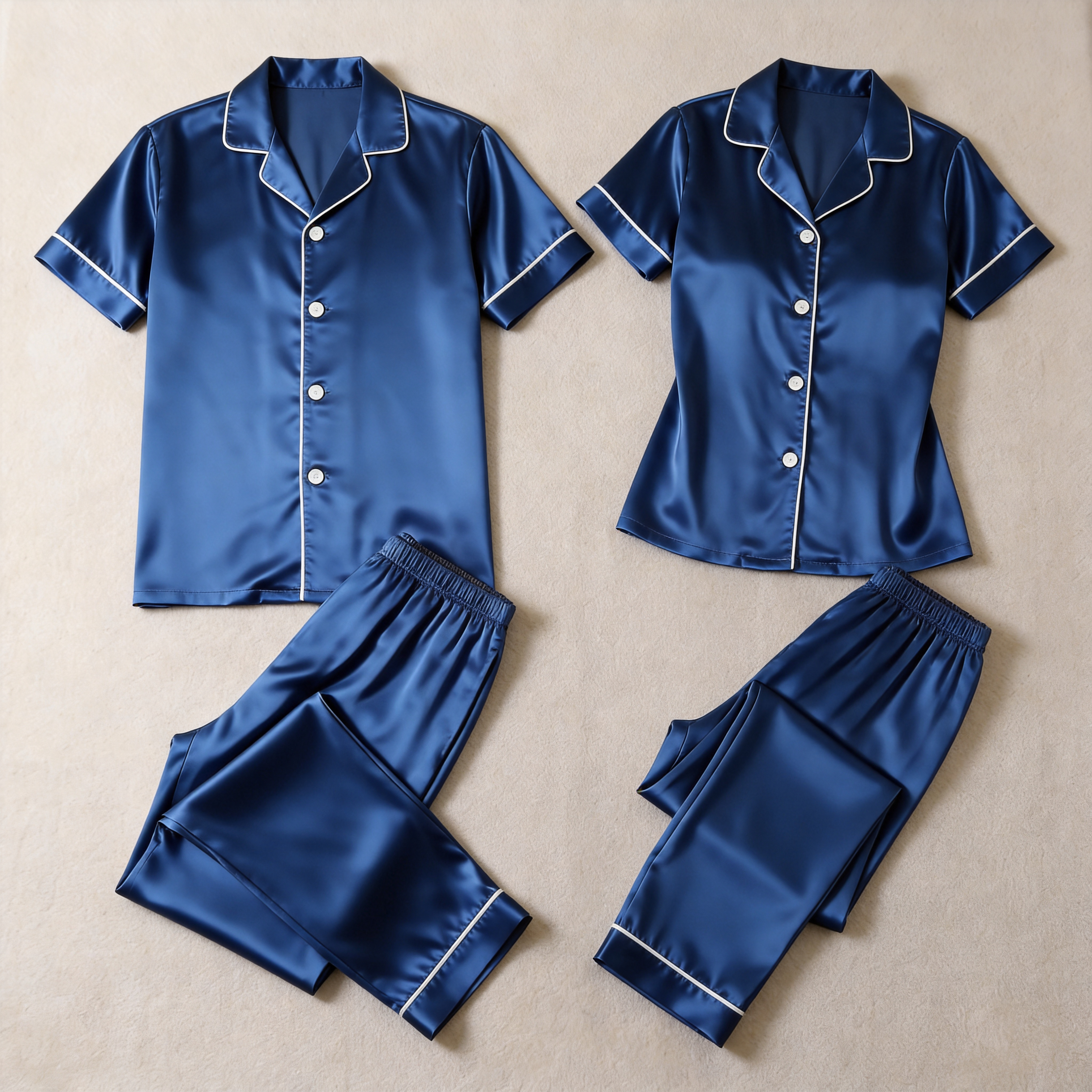 Solid Navy Satin Long Sleeve Couple Button-Down Pajamas