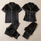 Solid Navy Satin Long Sleeve Couple Button-Down Pajamas