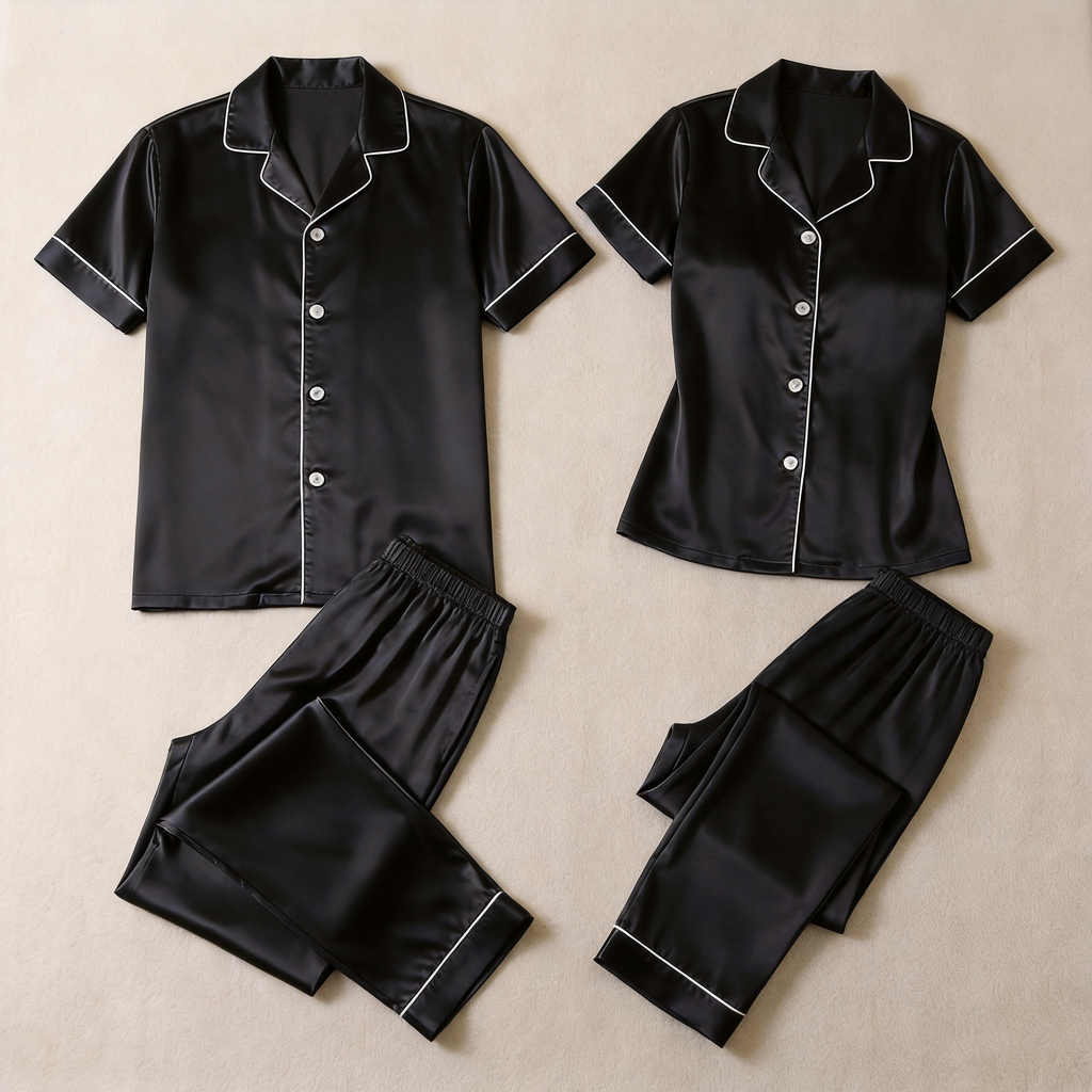 Solid Grey Satin Long Sleeve Couple Button-Down Pajamas