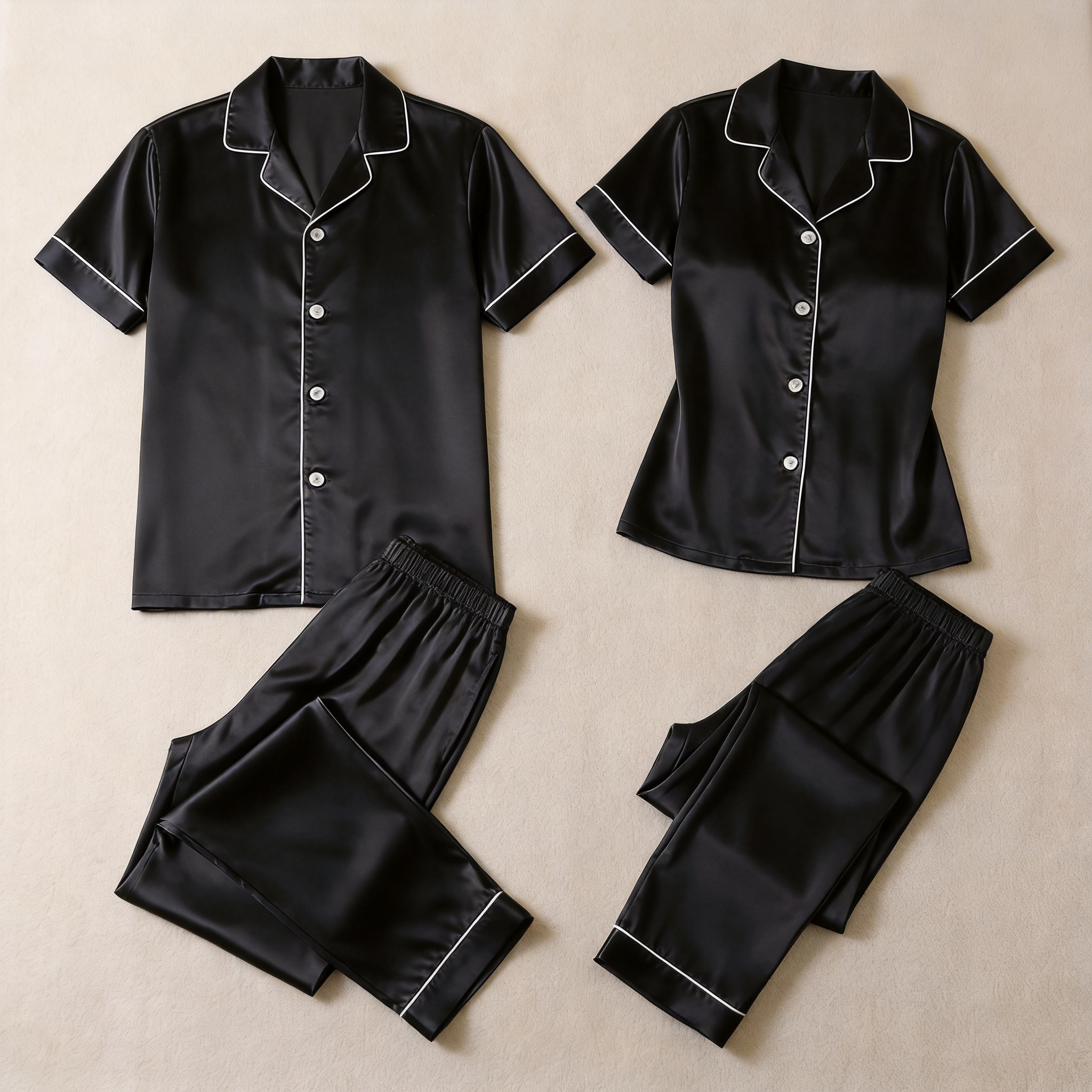 Solid Navy Satin Long Sleeve Couple Button-Down Pajamas