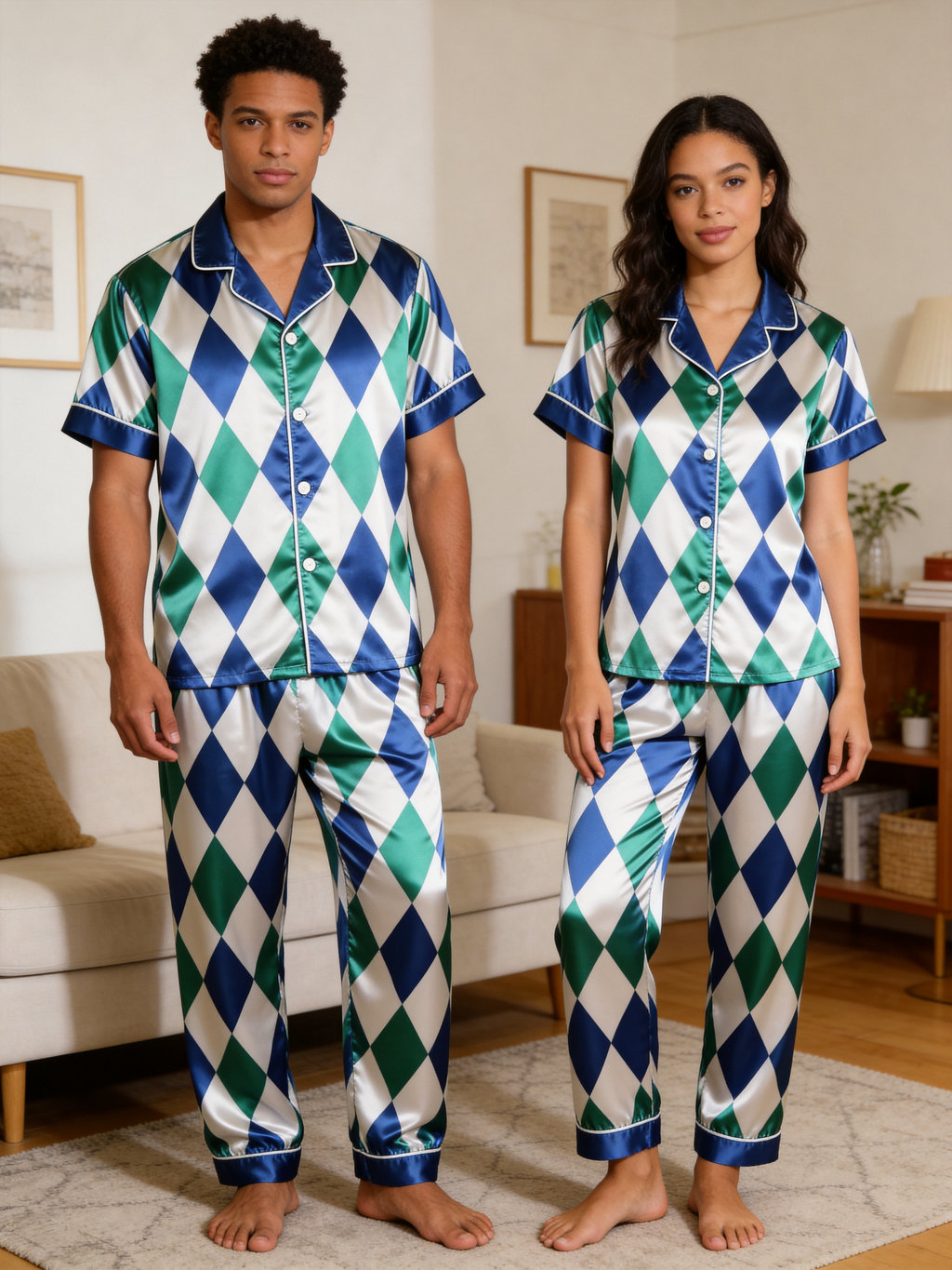 Blue Argyle Satin Matching Pajamas for Couples – Long Sleeve Button-Down Top & Pants Sleepwear Set