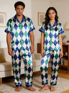 Blue Argyle Satin Matching Pajamas for Couples – Long Sleeve Button-Down Top & Pants Sleepwear Set