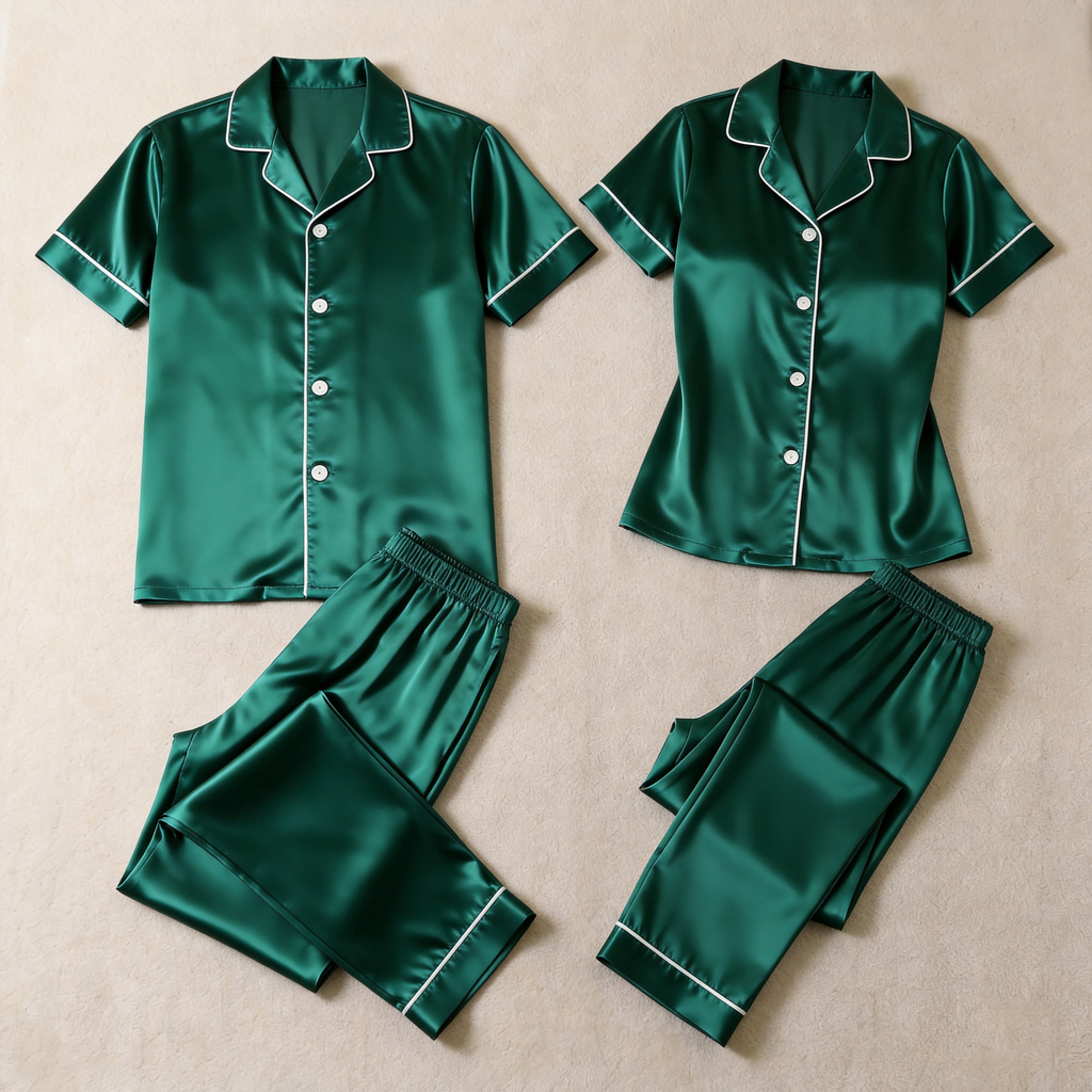Solid Satin Long Sleeve Couple Button-Down Pajamas