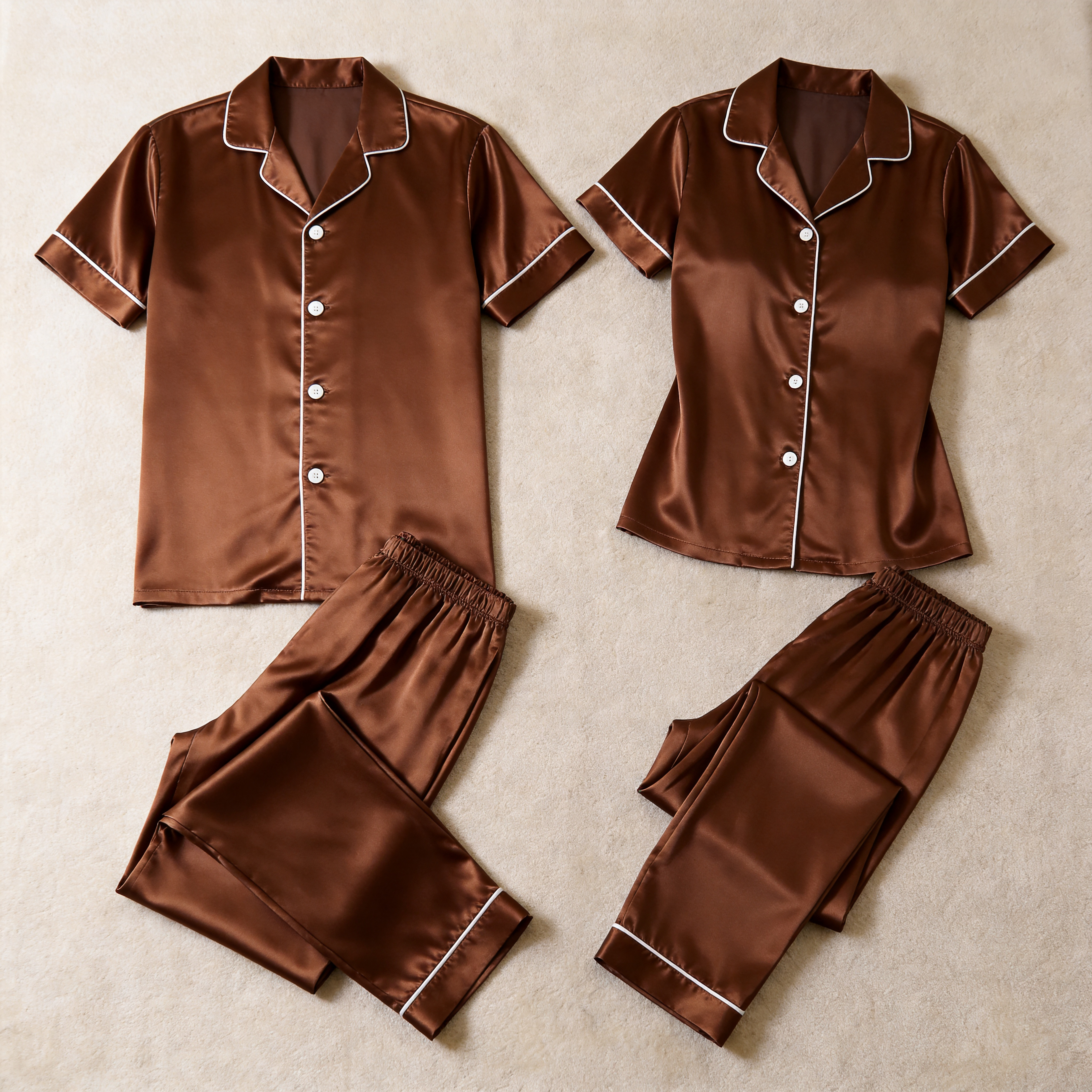 Solid Grey Satin Long Sleeve Couple Button-Down Pajamas