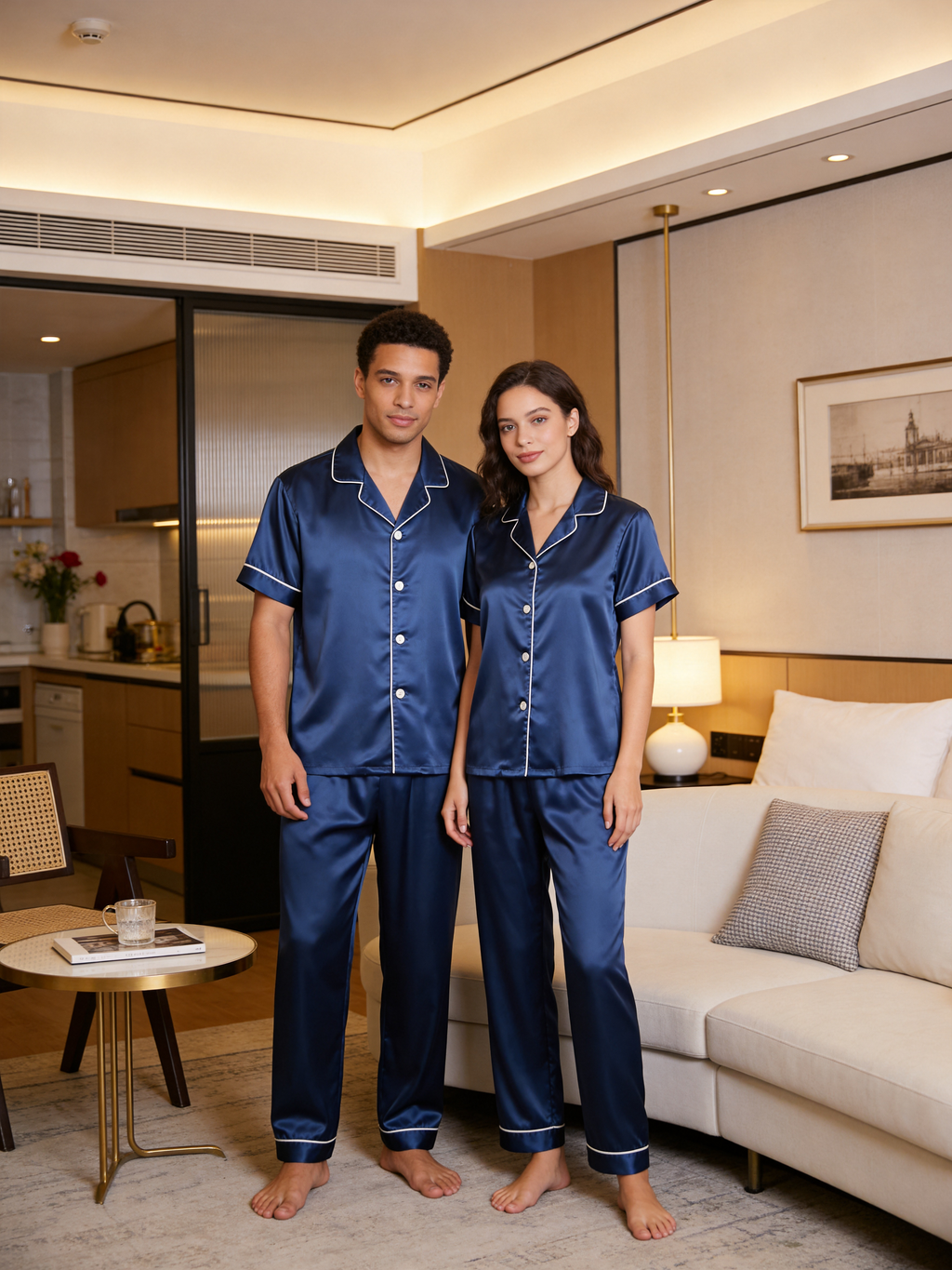 Solid Chocolate Satin Long Sleeve Couple Button-Down Pajamas