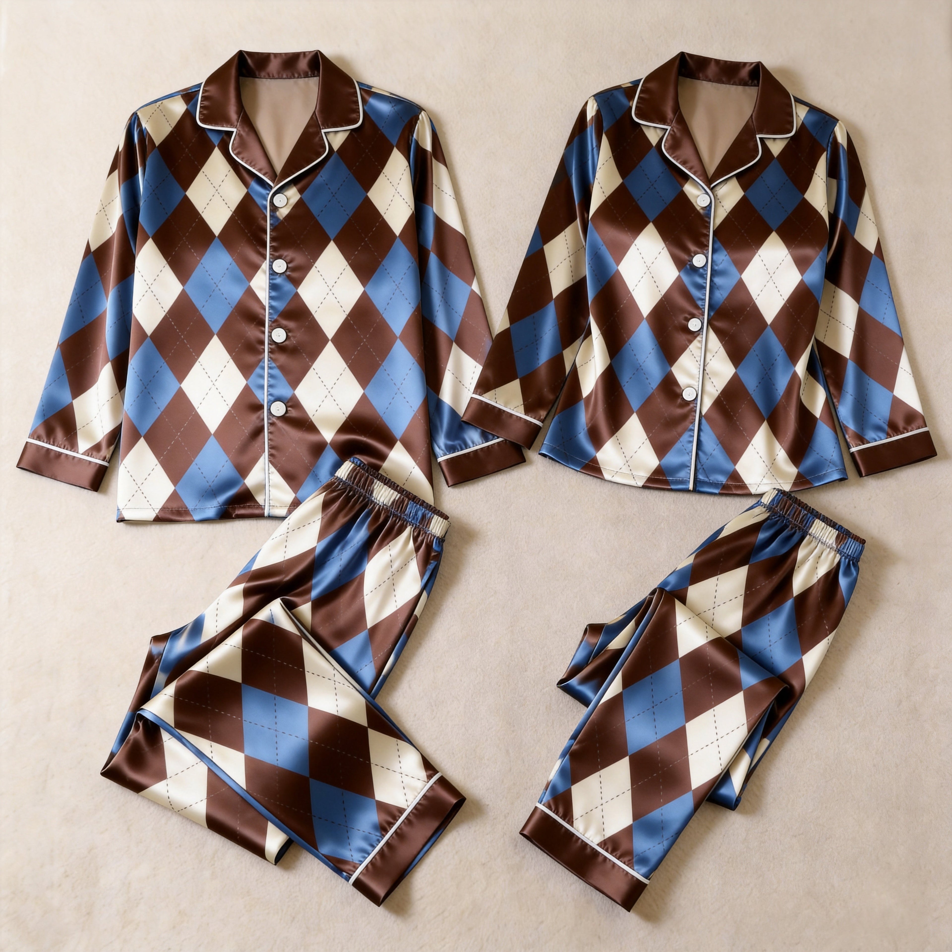 Argyle Satin Matching Pajamas for Couples – Long Sleeve Button-Down Top & Pants Sleepwear Set
