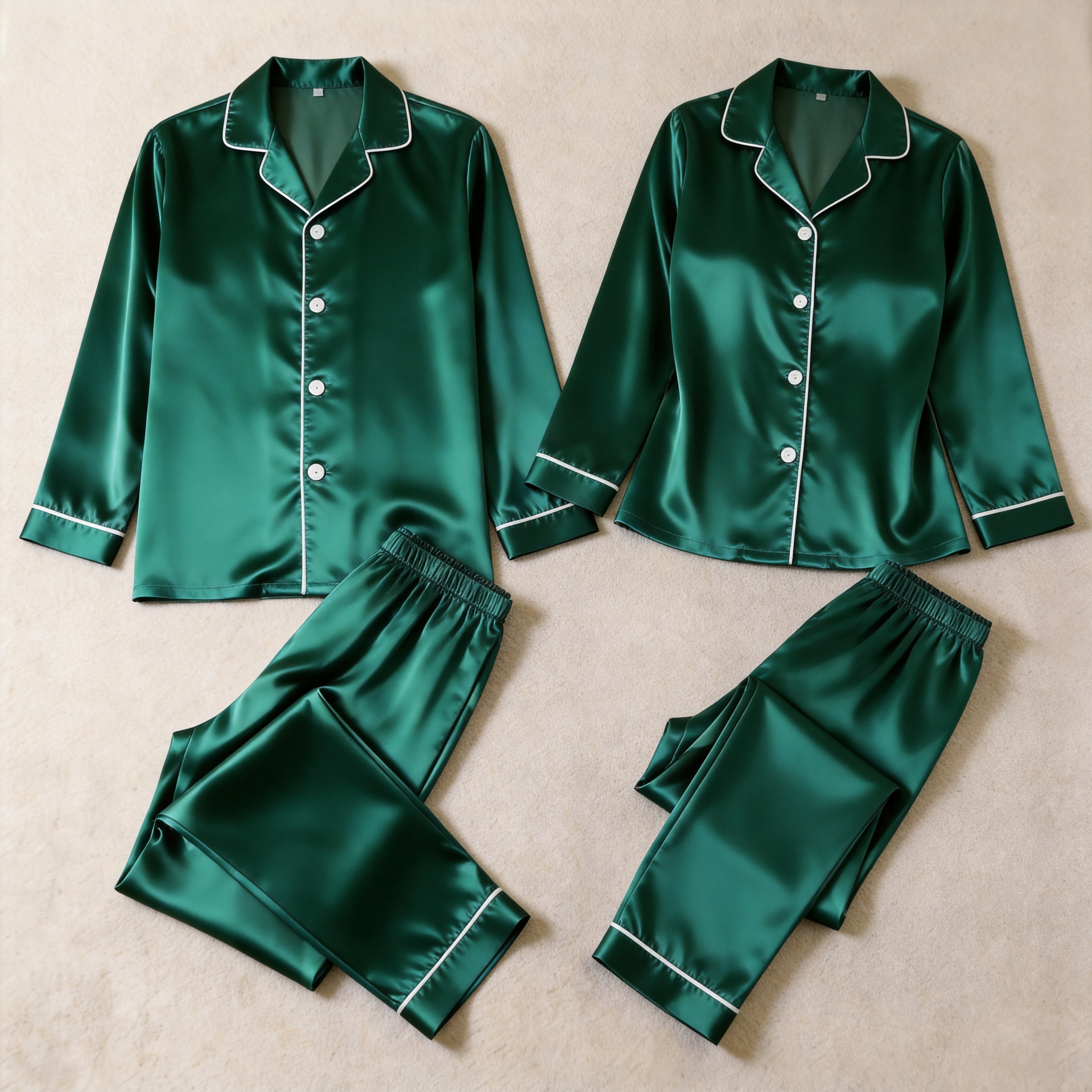 Solid Navy Satin Long Sleeve Couple Button-Down Pajamas