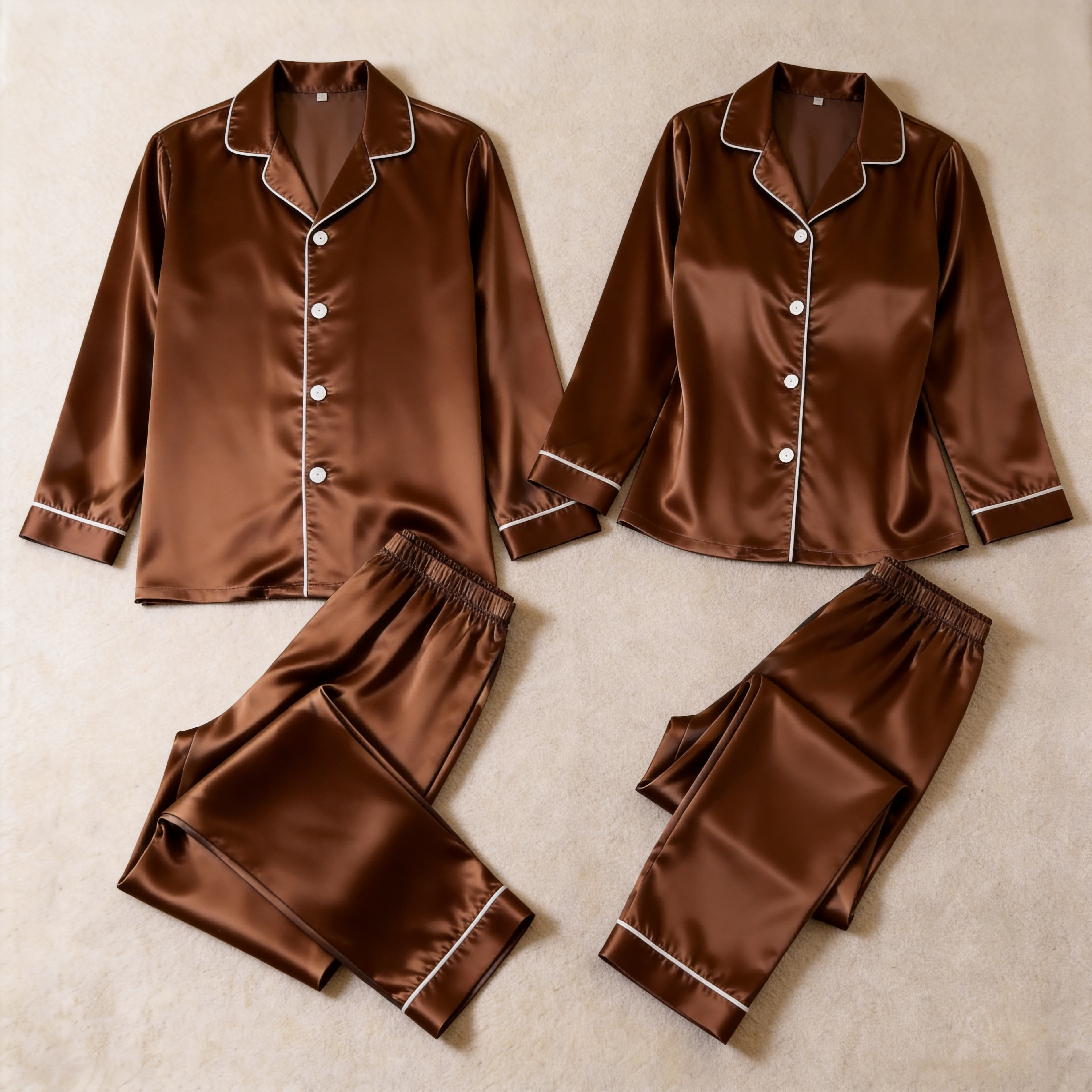 Solid Grey Satin Long Sleeve Couple Button-Down Pajamas