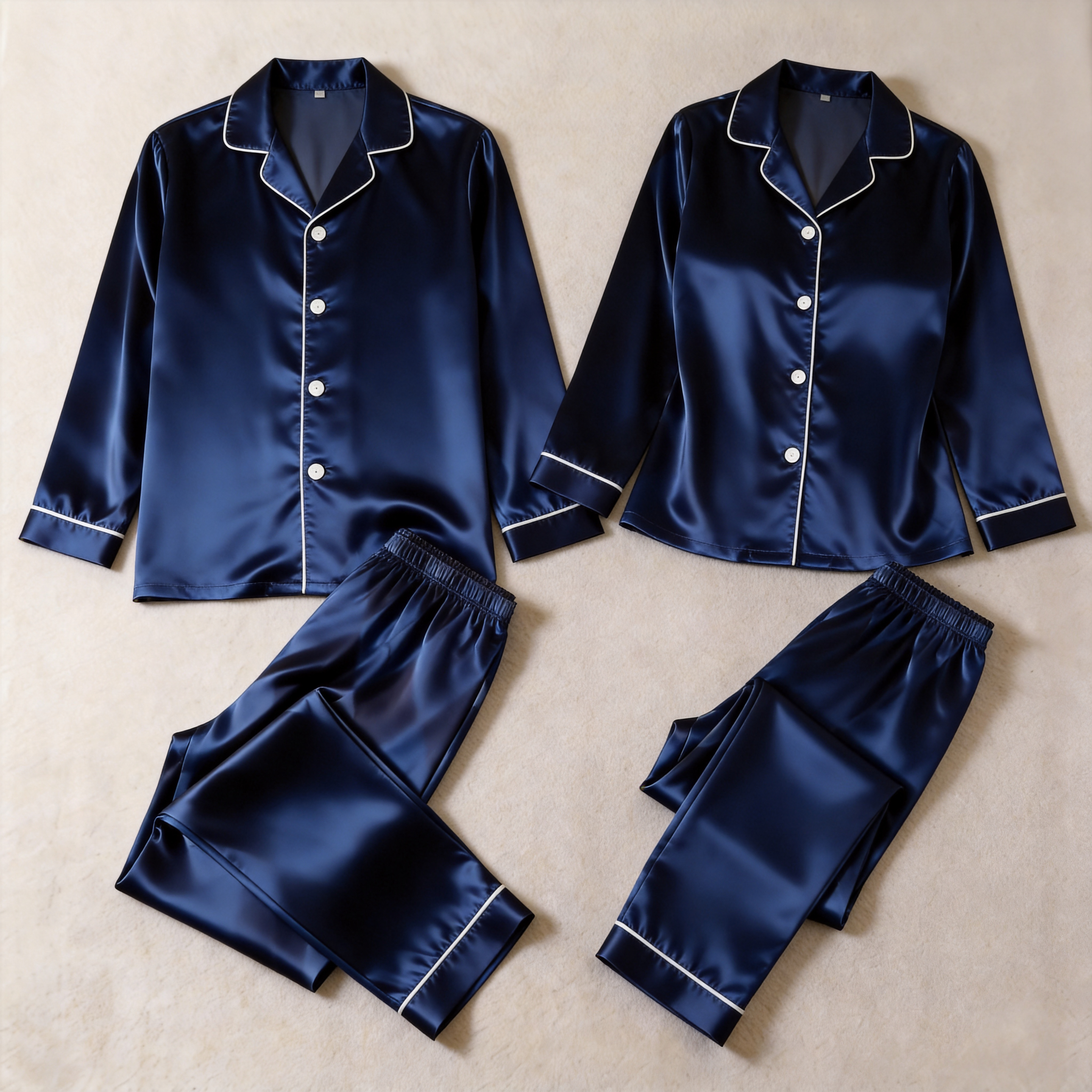Solid Satin Long Sleeve Couple Button-Down Pajamas