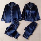 Solid Navy Satin Long Sleeve Couple Button-Down Pajamas
