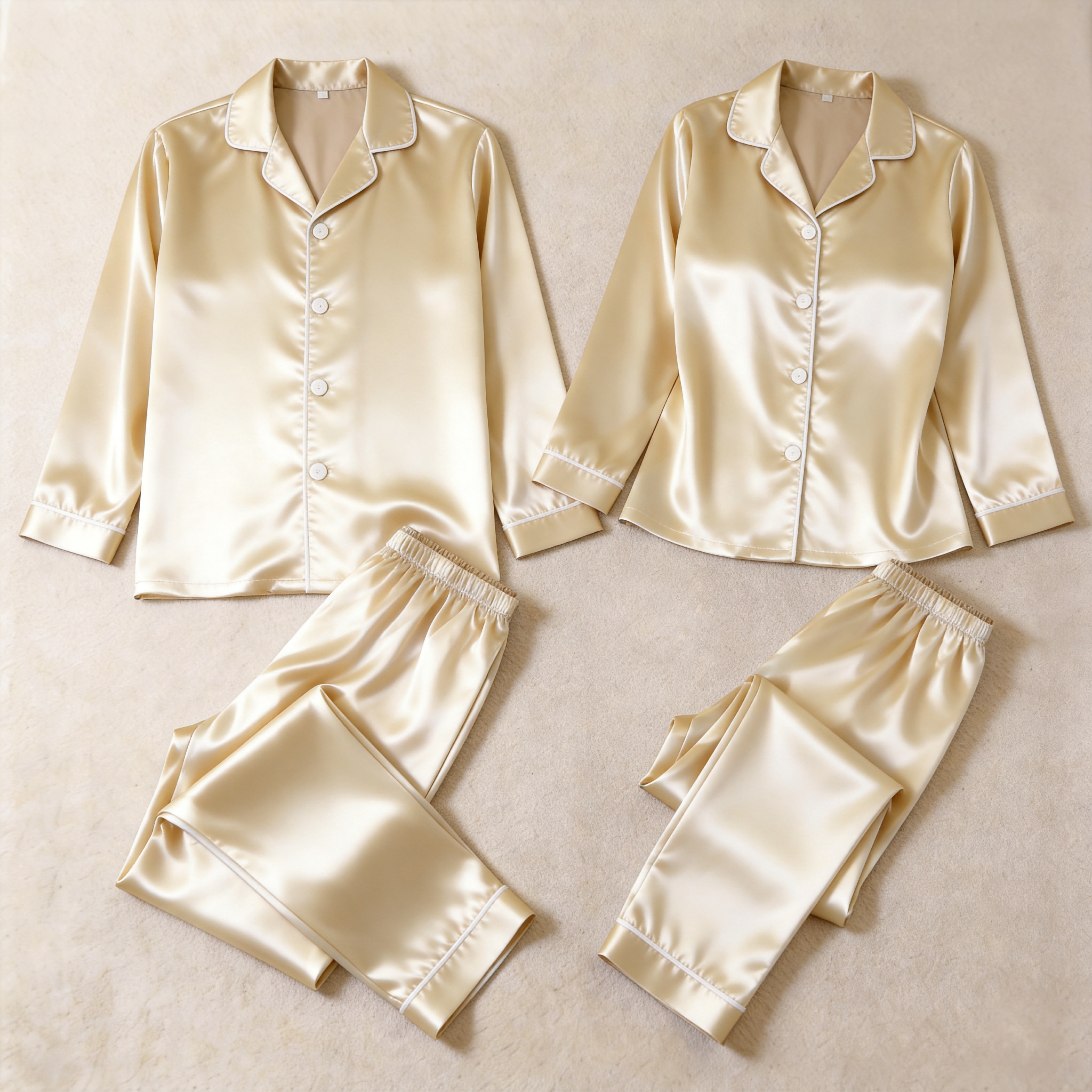 Solid Grey Satin Long Sleeve Couple Button-Down Pajamas