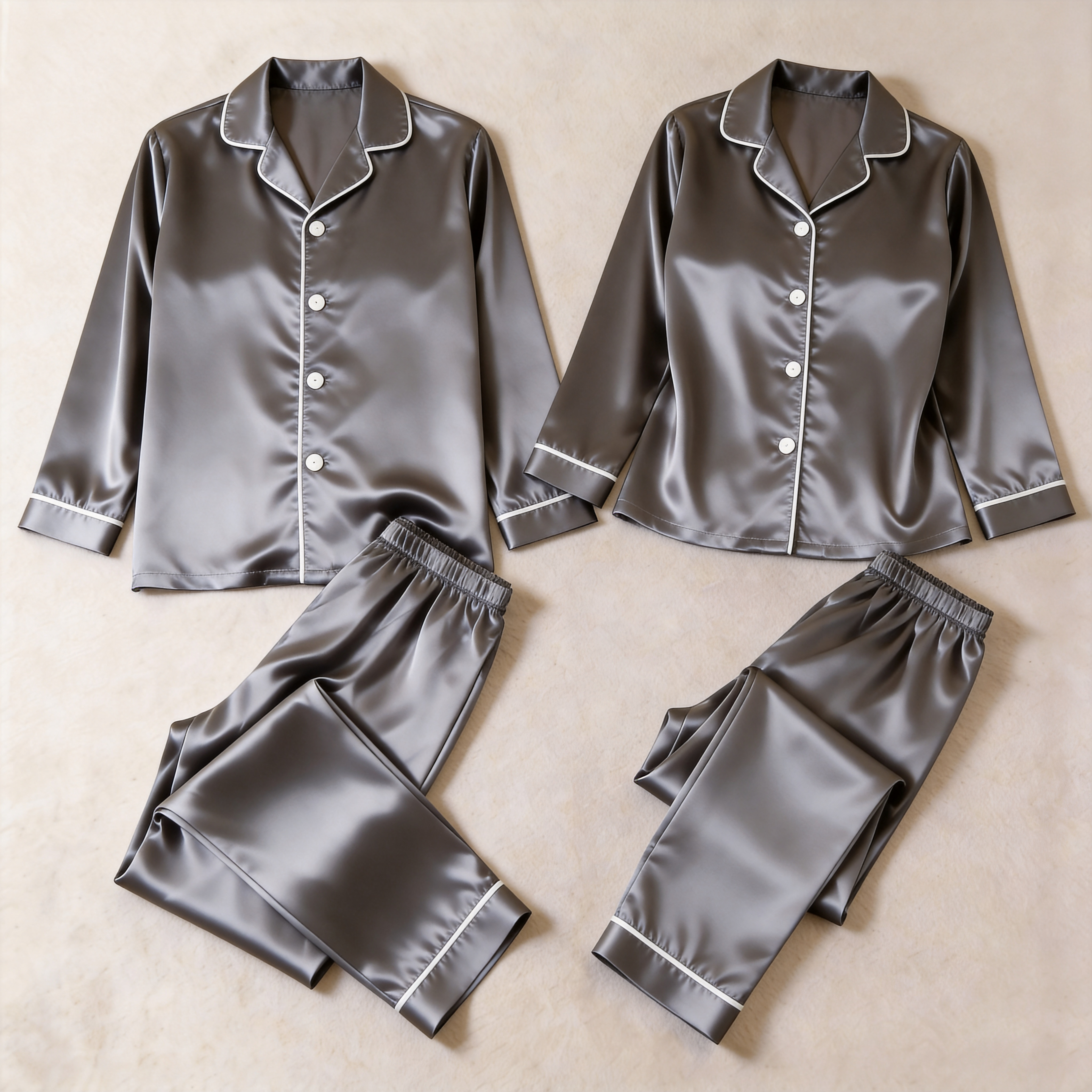 Solid Chocolate Satin Long Sleeve Couple Button-Down Pajamas