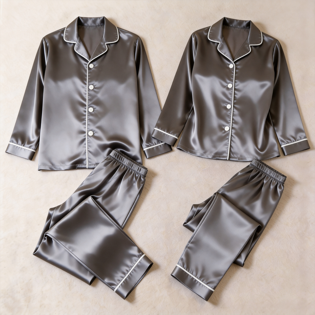 Solid Grey Satin Long Sleeve Couple Button-Down Pajamas